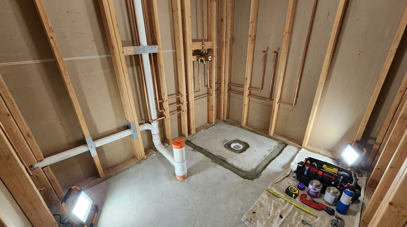 Bathroom rough-in plumbing during remodel by Johns Plumbing LLC in Lester Prairie