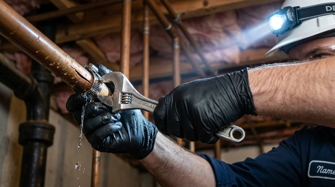 Emergency pipe clamp repair being performed by a Johns Plumbing LLC plumber in Lester Prairie