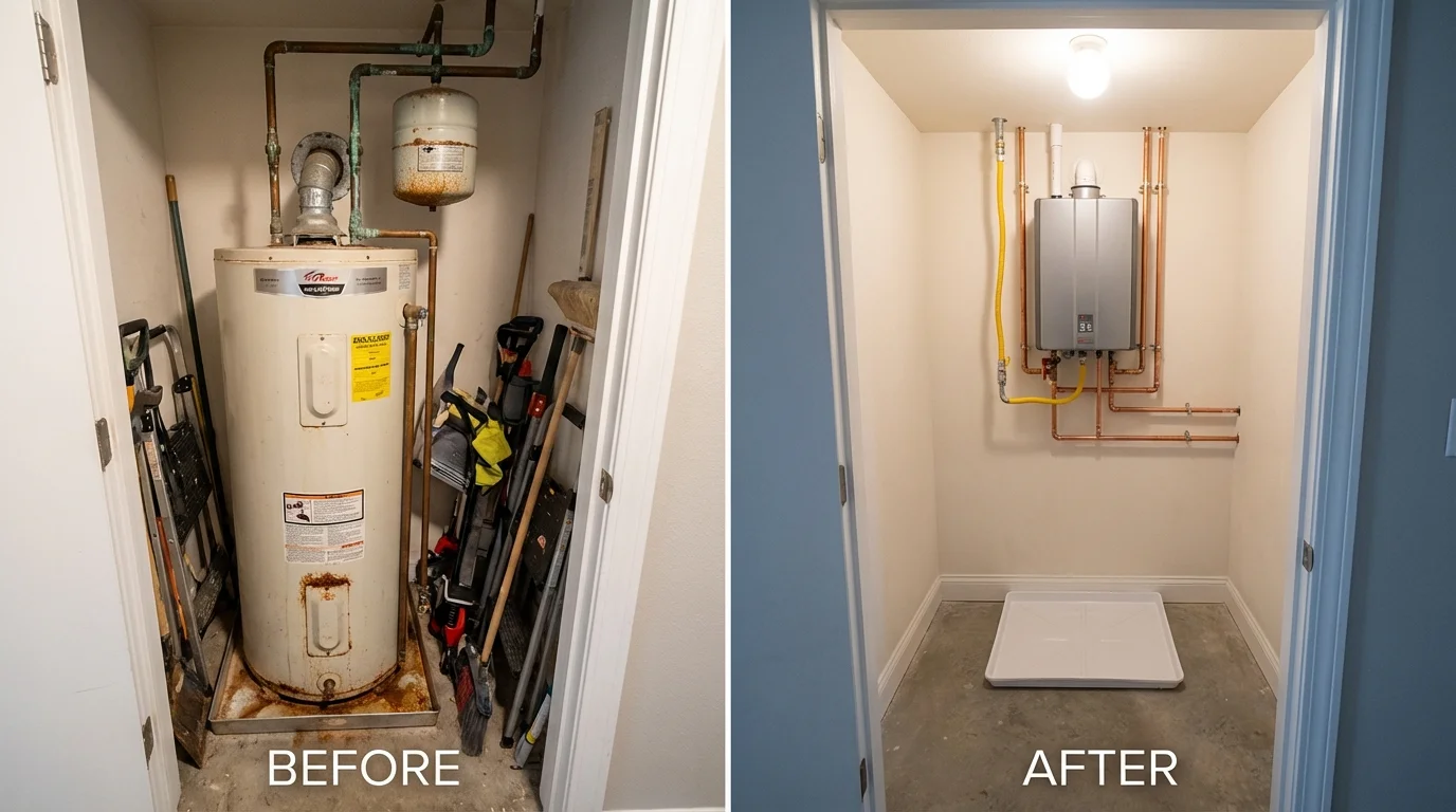 Tank water heater versus wall-mounted tankless unit comparison for Lester Prairie, MN homeowners