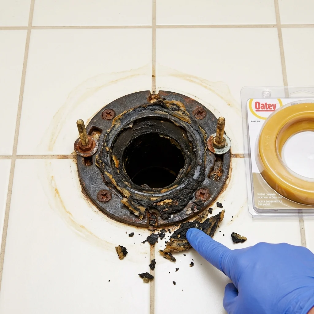 Failed wax ring showing water seepage at the base of a toilet in a Lester Prairie, MN home