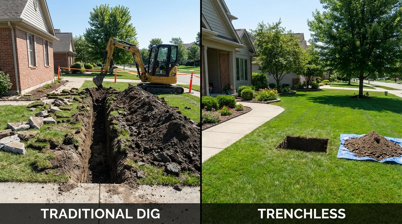 Trenchless sewer repair with minimal yard damage versus traditional excavation in Lester Prairie, MN
