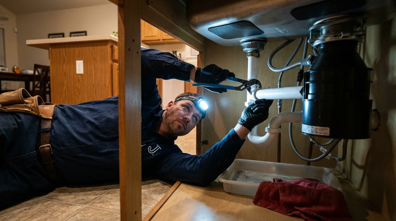P-trap and supply line connections under a kitchen sink showing a common leak point in Lester Prairie, MN